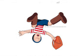 A  Hand Painted animation cel  in anime style of a boy with light skin wearing a red and white shirt, blue hat, blue shorts and brown boots. The boy is Elmer from the anime film Elmer's Adventure, based on the Children's book, My Father's Dragon.