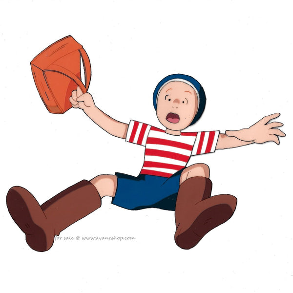 A  Hand Painted animation cel  in anime style of a boy with light skin wearing a red and white shirt, blue hat, blue shorts and brown boots. The boy is Elmer from the anime film Elmer's Adventure, based on the Children's book, My Father's Dragon.