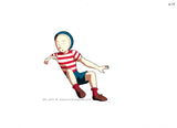 A  Hand Painted animation cel  in anime style of a boy with light skin wearing a red and white shirt, blue hat, blue shorts and brown boots. The boy is Elmer from the anime film Elmer's Adventure, based on the Children's book, My Father's Dragon.