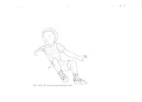 A  Hand Painted animation cel  in anime style of a boy with light skin wearing a red and white shirt, blue hat, blue shorts and brown boots. The boy is Elmer from the anime film Elmer's Adventure, based on the Children's book, My Father's Dragon.