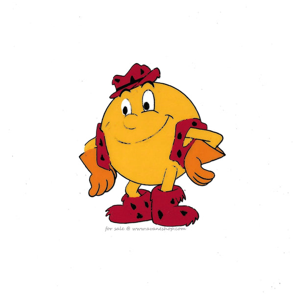 Animation cel from the 80s Pac-Man cartoon. This is from the Neander Pac-Man episode and features a full body shot of Pacman in red and black patterned outfit.