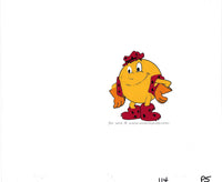 Animation cel from the 80s Pac-Man cartoon. This is from the Neander Pac-Man episode and features a full body shot of Pacman in red and black patterned outfit.