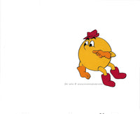 Animation cel of of Pac-Man from the 80s pacman animated  cartoon by Hanna Barbera. Pac Man is wearing a red  ahte and boots, and orange gloves he does not have a mouth layer.