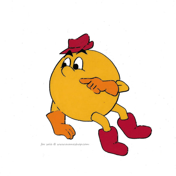 Animation cel of of Pac-Man from the 80s pacman animated  cartoon by Hanna Barbera. Pac Man is wearing a red  ahte and boots, and orange gloves he does not have a mouth layer.
