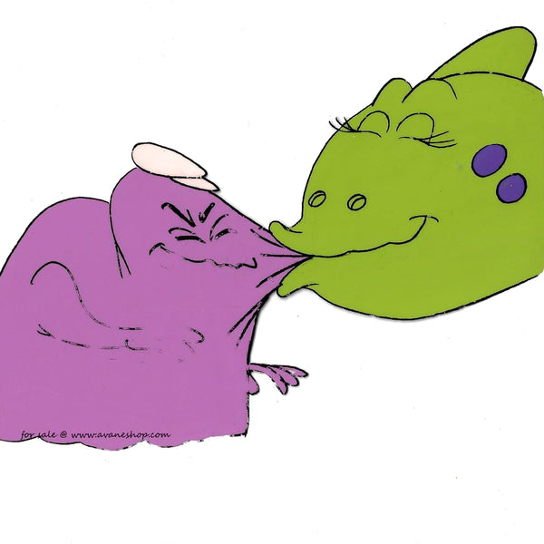 Animation cel froom the 80s pac man cartoon AKA Hanna Barbera's Pac-Man. This is the ghost Pinky disguised as a purple dinosaur being kissed by a green dinosaur.