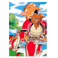Rectangular Postcard with images of a brown and red bird, Spearow, from the Pokemon anime.