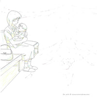 A hand drawn animation sketch, a douga, from an unknown anime. This douga is of a woman holding a child in her arms and sitting on bench.