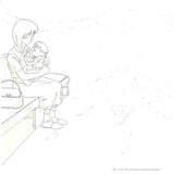 A hand drawn animation sketch, a douga, from an unknown anime. This douga is of a woman holding a child in her arms and sitting on bench.