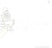 A hand drawn animation sketch, a douga, from an unknown anime. This douga is of a woman holding a child in her arms and sitting on bench.