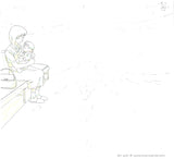 A hand drawn animation sketch, a douga, from an unknown anime. This douga is of a woman holding a child in her arms and sitting on bench.