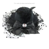 Black Lace Mini Hat Fascinator Hair Clip Goth Lolita Style Feather Bow Gem