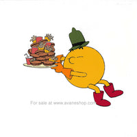 Pac Man Cartoon Cel PacMan with Burgers and Fries Vintage 80s Hand Painted Animation Cel