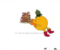 Pac Man Cartoon Cel PacMan with Burgers and Fries Vintage 80s Hand Painted Animation Cel